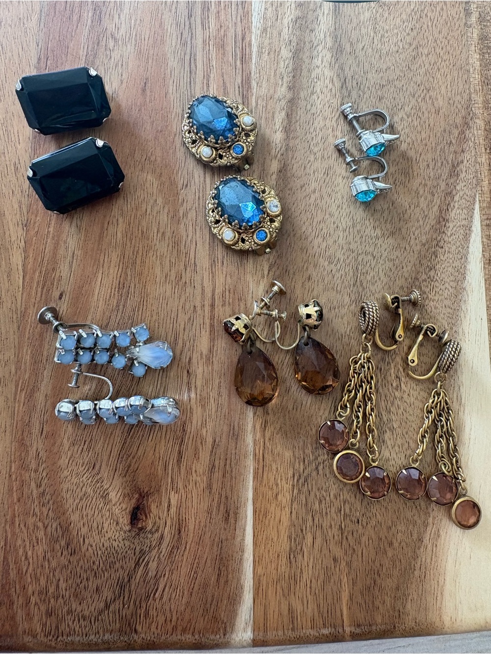 Vintage Rhinestone Clip-On Earring Lot in Blue, Black, Amber, and Gold